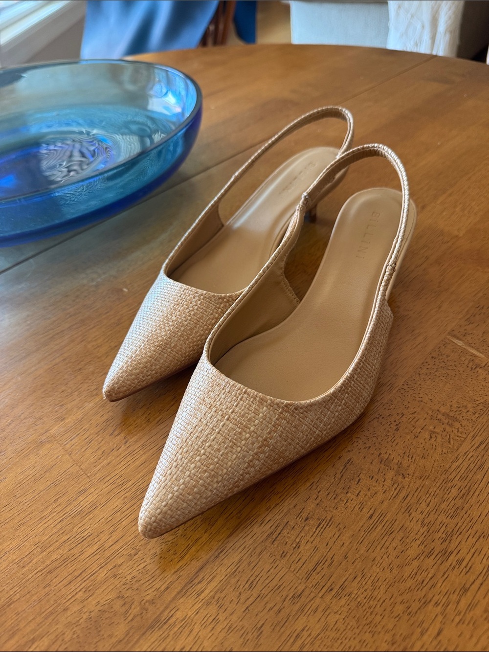 Billini Tan Woven Pointed-Toe Slingback Kitten Heals